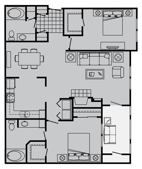 Floor plan for 2 beds, 2 baths, 1254 sqft